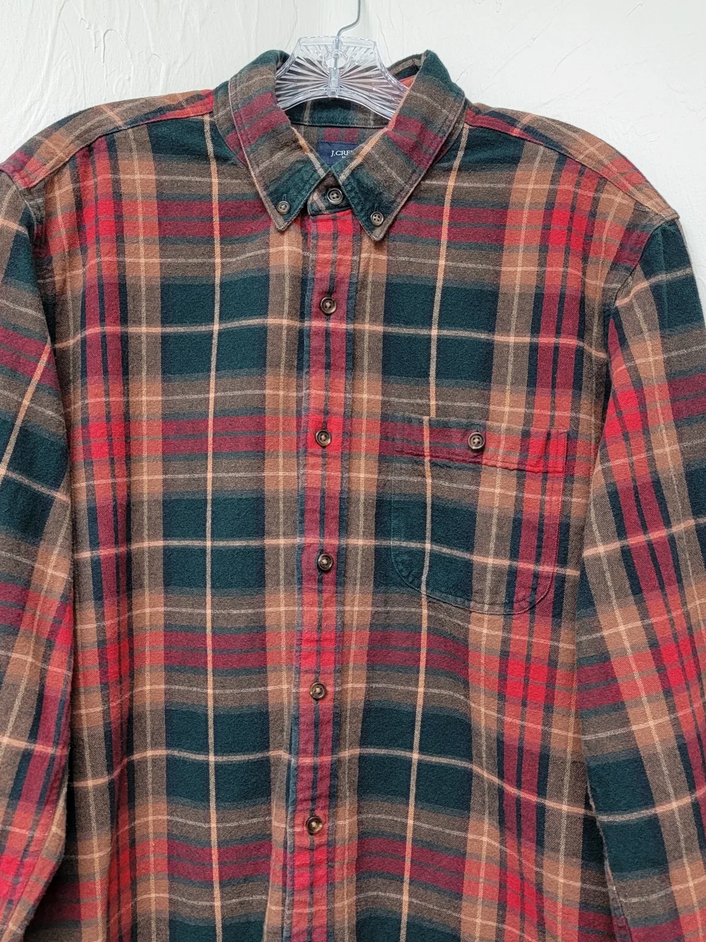 J.Crew Men's L Plaid Flannel Shirt Button Down Red Green Elbow Patches Western